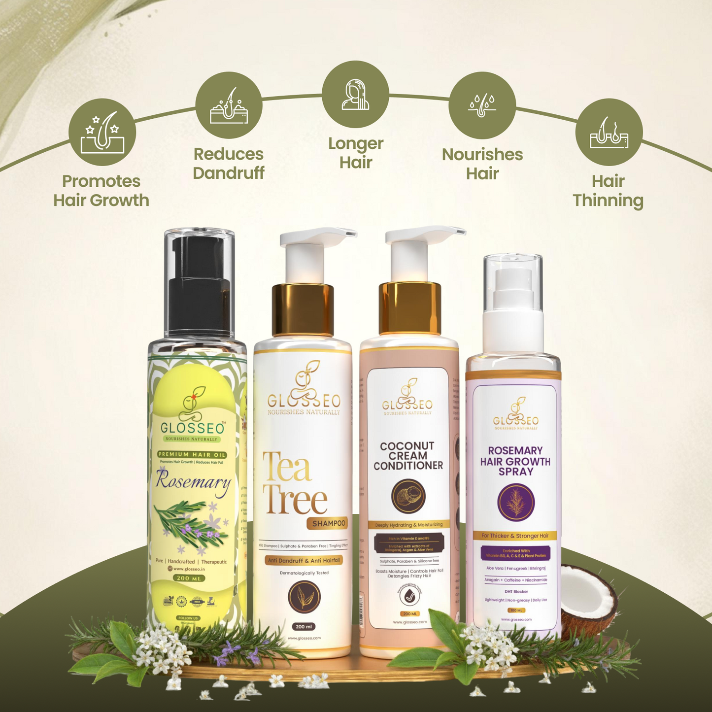 Rosemary Premium Hair Oil + Tea Tree Shampoo + Coconut Cream Conditioner + Rosemary Hair Growth Spray