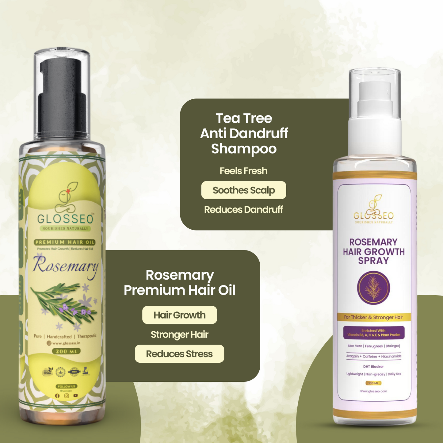 Rosemary Premium Hair Oil + Tea Tree Shampoo + Coconut Cream Conditioner + Rosemary Hair Growth Spray